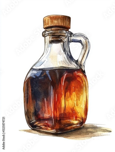 Hand-painted glass jar with maple syrup reflecting warm hues and sunlight, artful design, rustic kitchen decor, food photography