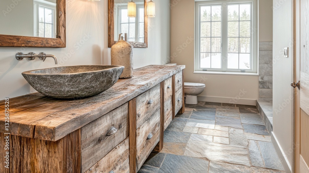 Elegant Freestanding Stone Sink in Cozy Bathroom Elegant Freestanding Stone Sink in Cozy Bathroom