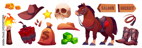 Wild west element set - cowboy hat and sheriff star, skull and horse with saddle, wooden signs and flaming torch, dynamite sticks, money bag, leather boots and lasso rope. Cartoon western symbols.