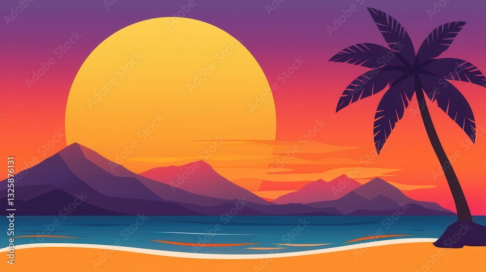 A vibrant sunset over a tranquil beach, with a palm tree silhouette in the foreground and mountains in the background. A vibrant sunset over a tranquil beach, with a palm tree silhouette in the foreground and mountains in the background.
