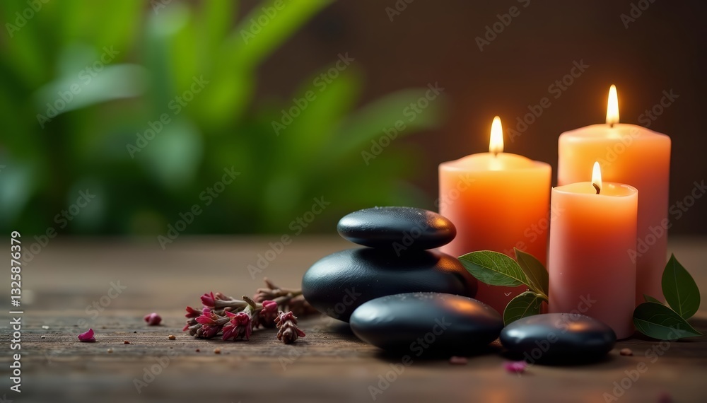 Elegant spa still life with candles, stones, and herbal products on wood, relaxing, serene Elegant spa still life with candles, stones, and herbal products on wood, relaxing, serene