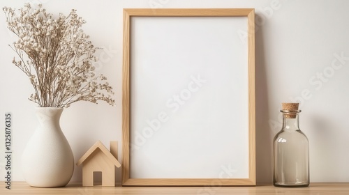 Minimalist Decor with Empty Frame, Dried Flowers, and Glass Bottle