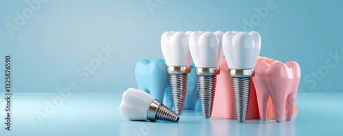 group of dental implants and model teeth are displayed on reflective surface, showcasing modern dental technology. implants have metallic bases and white crowns, set against blue background