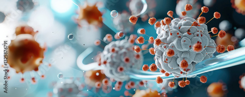 close up view of genetically modified cells for disease treatment, showcasing intricate details and vibrant colors