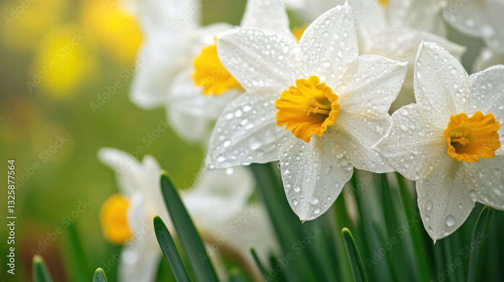 Close up of dewdrops on fresh spring flowers, showcasing vibrant yellow centers and delicate white petals, evoking serene morning atmosphere Close up of dewdrops on fresh spring flowers, showcasing vibrant yellow centers and delicate white petals, evoking serene morning atmosphere
