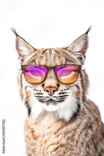 Lynx wearing stylish sunglasses posing for the camera with a playful expression against a clean white background in a fun and trendy setting.