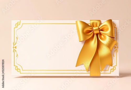 Elegant gold voucher with a satin bow, vector illustration, present, abstract