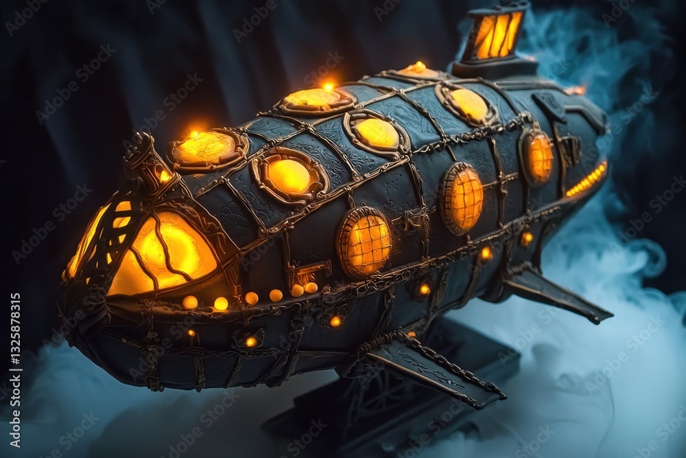 Ornate steampunk submarine model, glowing with warm lights, dark background, and smoke. Ornate steampunk submarine model, glowing with warm lights, dark background, and smoke.