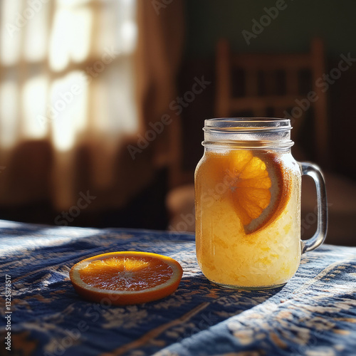 rustic scene of squeezed orange juice in mason jar, with slice of orange on table. warm sunlight creates cozy atmosphere, perfect for enjoying refreshing drink