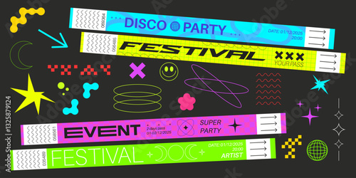 Festival party bracelet sticker designs - colorful admission wristbands, passes with trendy minimalistic geometric shapes, fun symbols, patterns. Neon colors bright modern disco vibe event tickets.