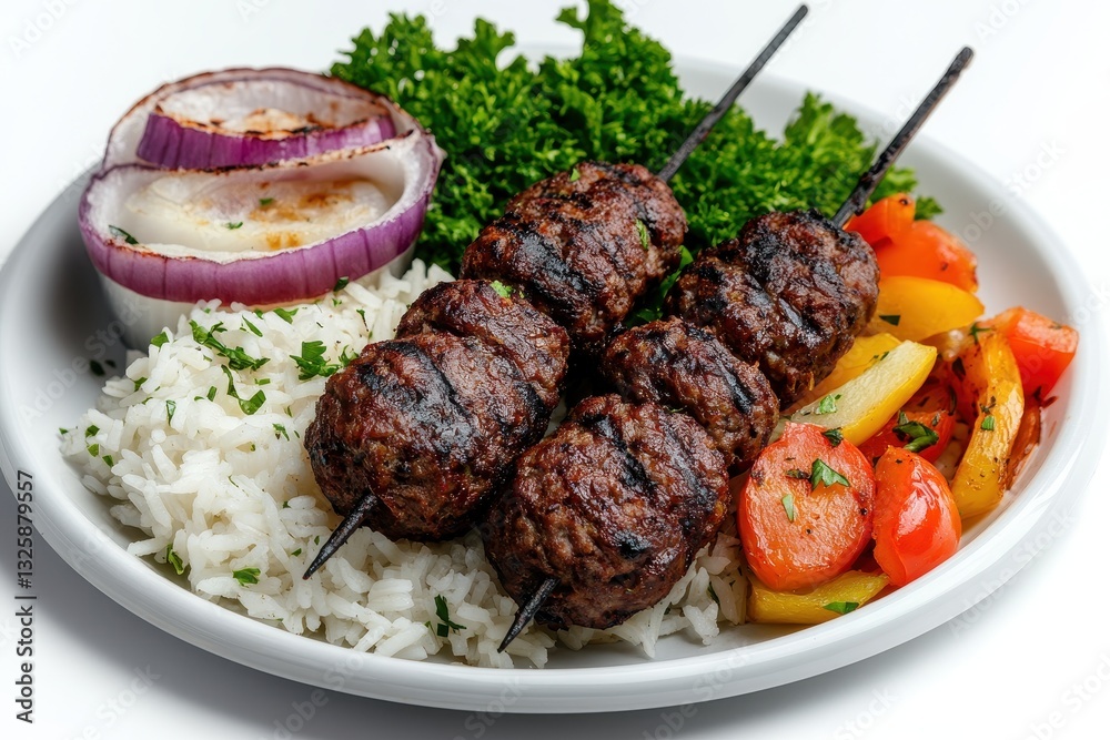 Grilled Kebabs with Rice, Vegetables, and Fresh Herbs on a White Plate Grilled Kebabs with Rice, Vegetables, and Fresh Herbs on a White Plate