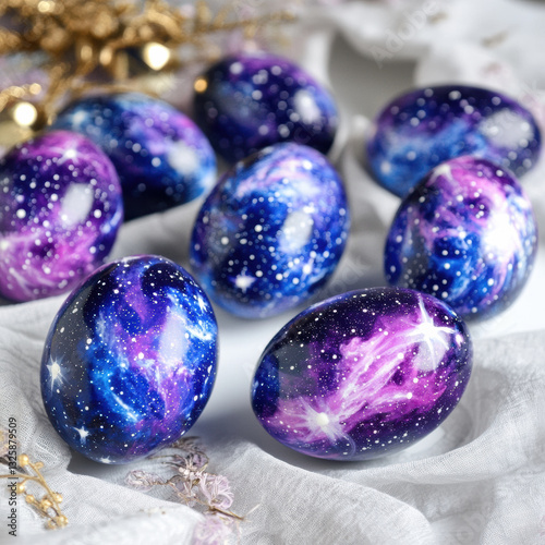 Cosmic galaxy painted Easter eggs in vibrant colors, showcasing stunning blend of purple, blue, and white patterns. Perfect for festive decorations and celebrations
