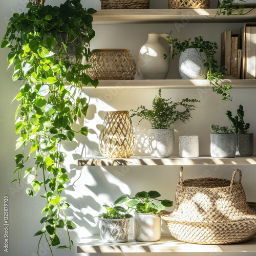 Bright and airy Scandinavian inspired home interior featuring shelves adorned with various plants, decorative vases, and woven baskets, creating serene atmosphere