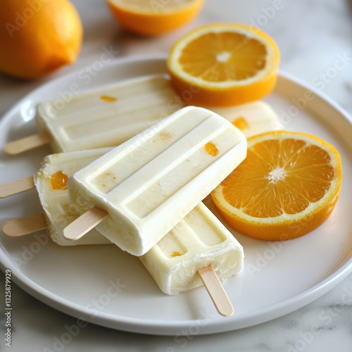 Creamy yogurt popsicles with tangy citrus and honey, served on plate with fresh orange slices. refreshing treat perfect for warm days