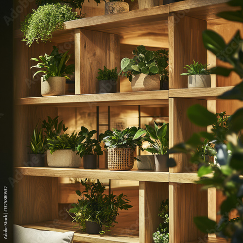 warm and inviting living space featuring wooden shelves filled with various indoor plants, creating serene and refreshing atmosphere