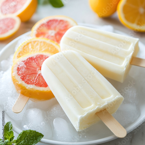 Creamy yogurt popsicles with citrus flavors, served on ice with fresh lemon and grapefruit slices, evoke refreshing summer treat