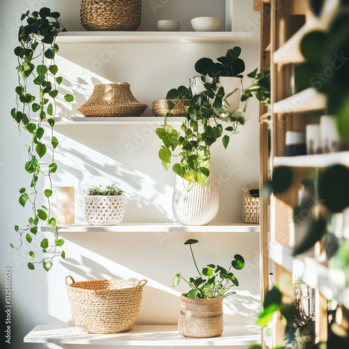 Bright and airy Scandinavian inspired home interior featuring shelves adorned with woven baskets and lush green plants, creating serene and inviting atmosphere