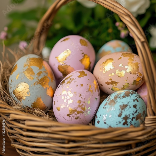 Colorful Easter eggs in wicker basket, featuring metallic and pastel paints, create festive atmosphere. Perfect for spring celebrations and holiday decorations