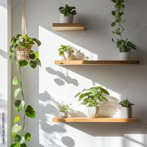 Minimalist home interior featuring indoor plants on wooden shelves, creating serene atmosphere with natural light and shadows