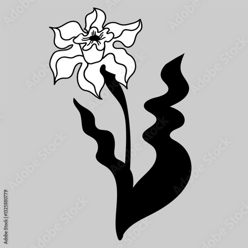 Vector hand drawn daffodil flower in full bloom in wavy matisse art style isolated on grey. Modern floral card, textile print, embroidery, lace, pillows, napkins, packaging.