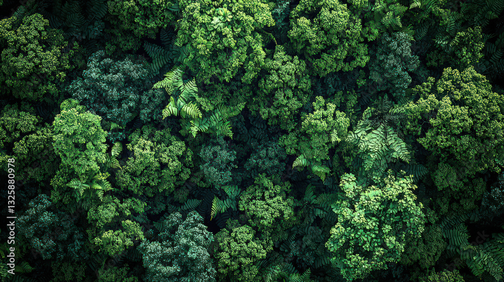 Fototapeta premium Overhead view of a dense forest canopy. Various shades of green foliage cover the image.