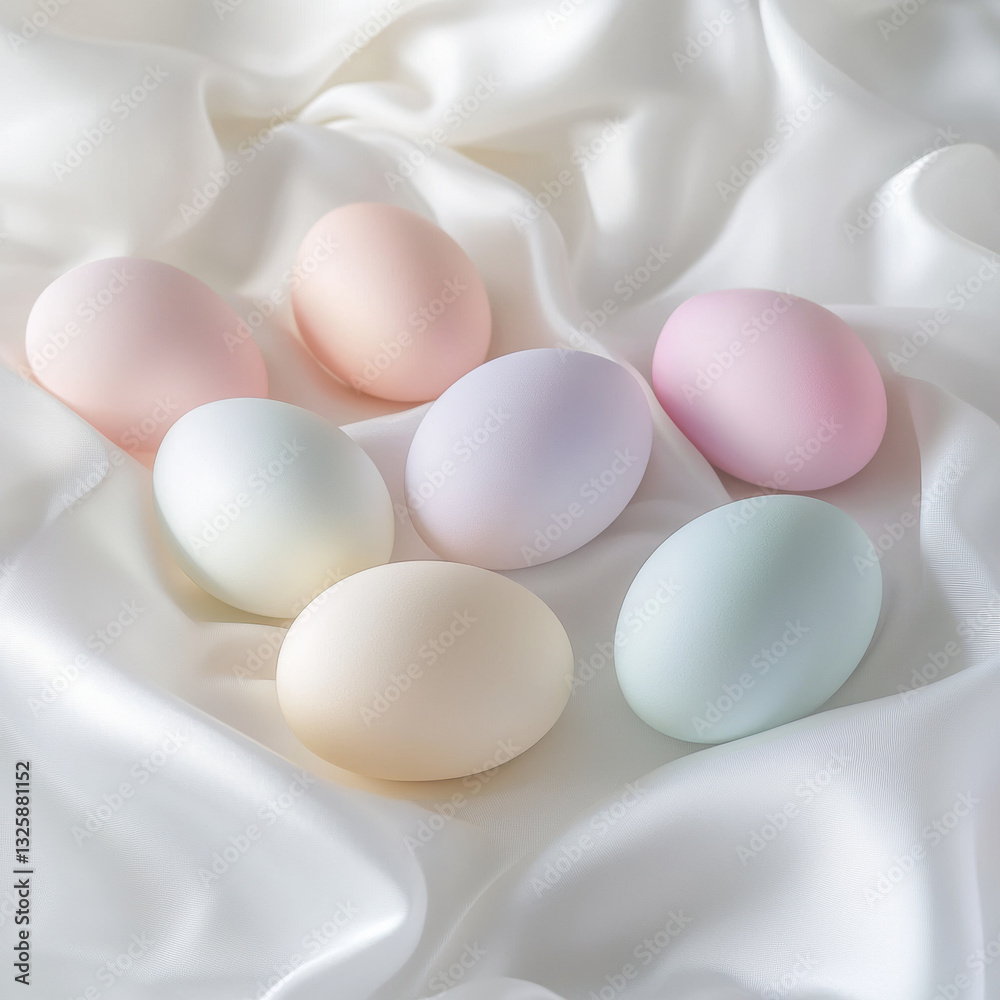 Soft pastel colored Easter eggs arranged on silky white fabric, creating serene and dreamy atmosphere. Perfect for spring celebrations and festive decorations Soft pastel colored Easter eggs arranged on silky white fabric, creating serene and dreamy atmosphere. Perfect for spring celebrations and festive decorations