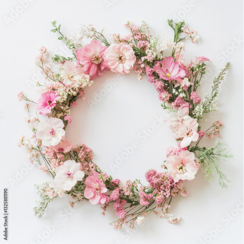 charming wreath of mixed pink flowers, featuring delicate blooms and greenery, perfect for home decor or special occasions. This artistic arrangement brings touch of elegance and joy