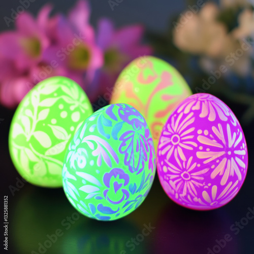 Glow in dark Easter eggs with intricate designs in vibrant colors create festive atmosphere. Perfect for spring celebrations and family gatherings