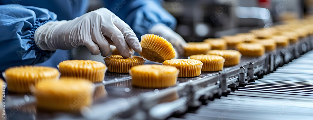 Gloved Hands Carefully Place Golden Brown Muffins onto a Conveyor Belt in a Modern Bakery Production Line, Highlighting the Automated Food Manufacturing Process. Gloved Hands Carefully Place Golden Brown Muffins onto a Conveyor Belt in a Modern Bakery Production Line, Highlighting the Automated Food Manufacturing Process.