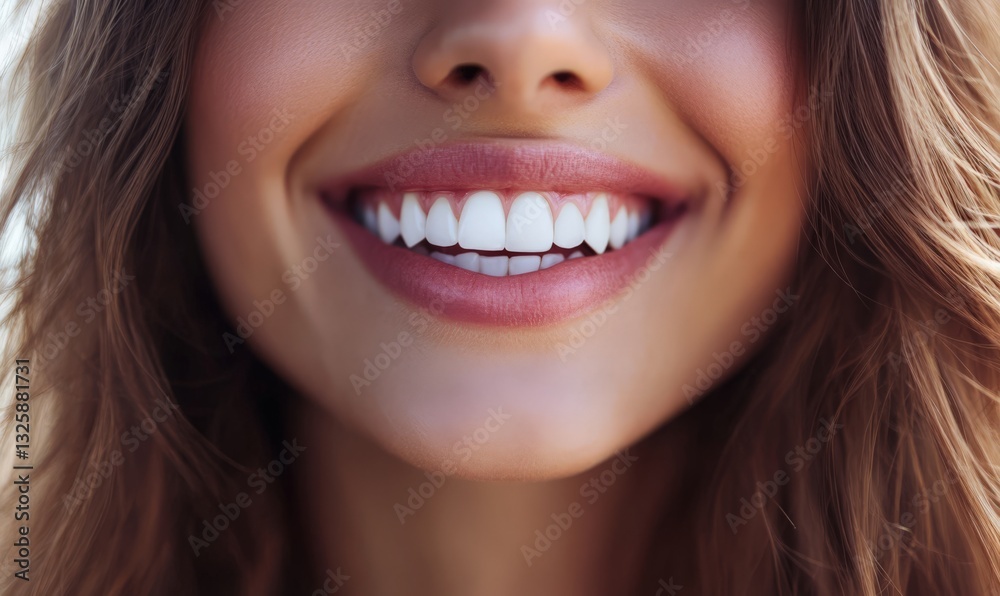 Close-up of a woman smiling with white teeth and light pink lipstick. Close-up of a woman smiling with white teeth and light pink lipstick.
