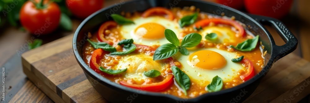 Delicious baked egg dish with peppers and spinach on wood table, fluffy, airy Delicious baked egg dish with peppers and spinach on wood table, fluffy, airy