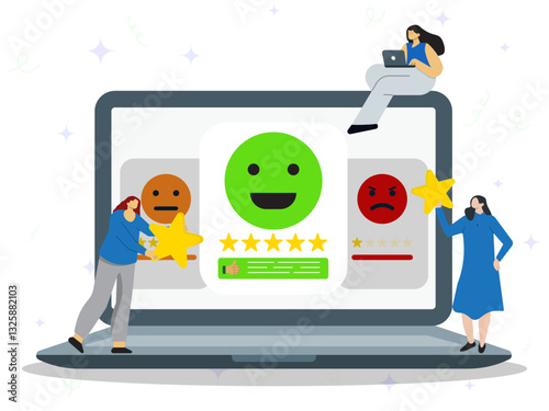 Feedback page concept. People сharacters giving feedback and choosing emoji to show satisfaction rating on the big screen. Client experience evaluation, quality service assessment. 