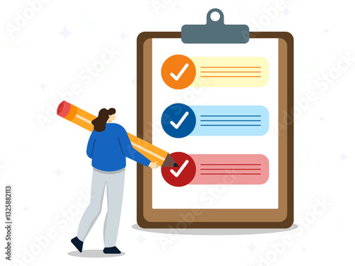 Business woman marks on checklist form with giant pencil. Survey document concept. Feedback, questionnaire pool, assessment, check mark, polling, answer. 