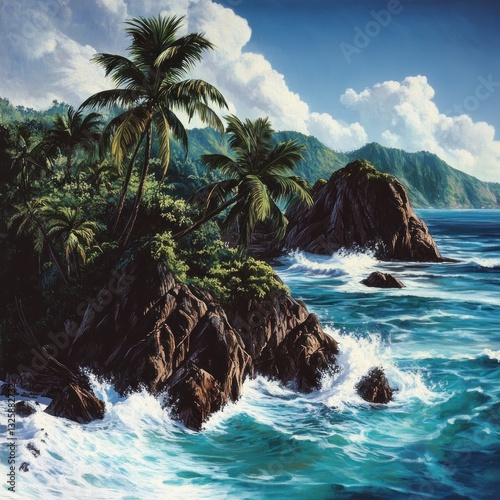 Tropical paradise with palm trees, rugged coastline and crashing waves