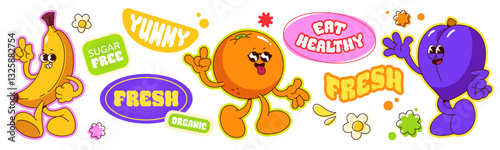 Groovy fruit characters and stickers set isolated on white background. Vector cartoon illustration of retro banana, orange, plum mascots, text labels for healthy food, vintage summer poster design