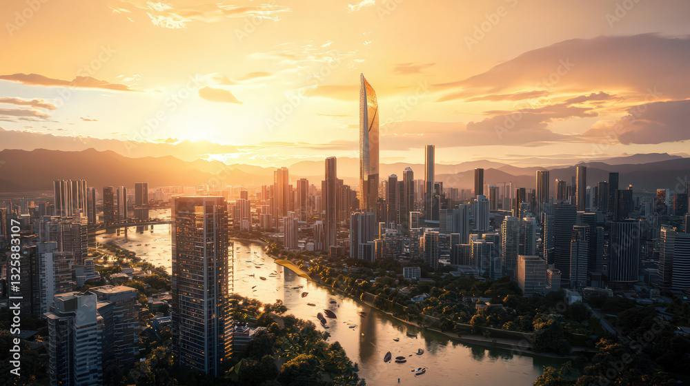 Fototapeta premium Panoramic cityscape at golden hour, showcasing a modern skyscraper, river, and urban landscape.