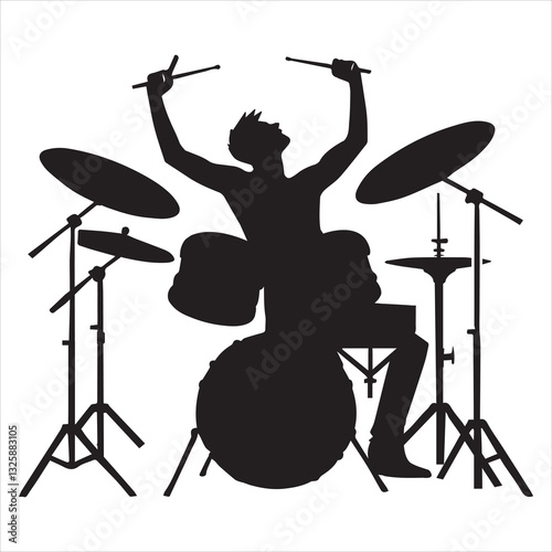 Drummer With Drums Silhouette, musician instrument design, Rock musician vector, drum set on music concert stage Musician artist performance

