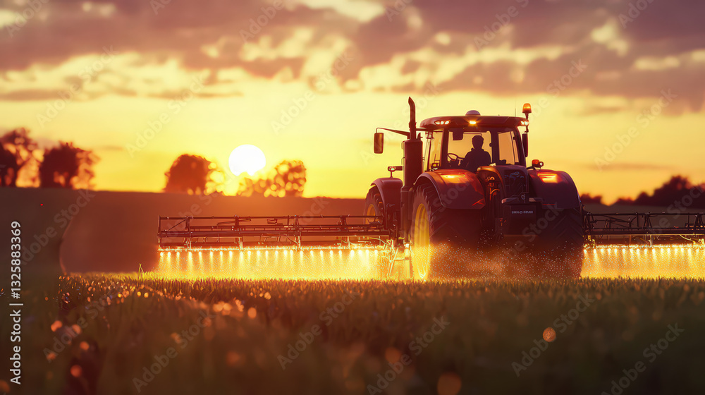 Fototapeta premium Agricultural tractor spraying crops at sunset.
