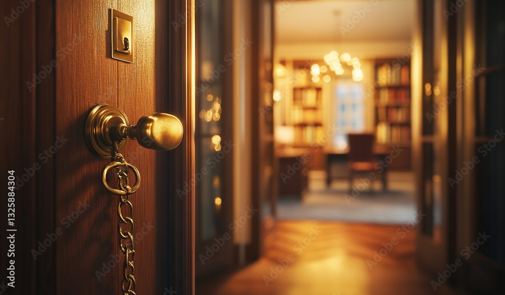 Obraz premium Open door to a luxurious library, showcasing a brass knob and key.