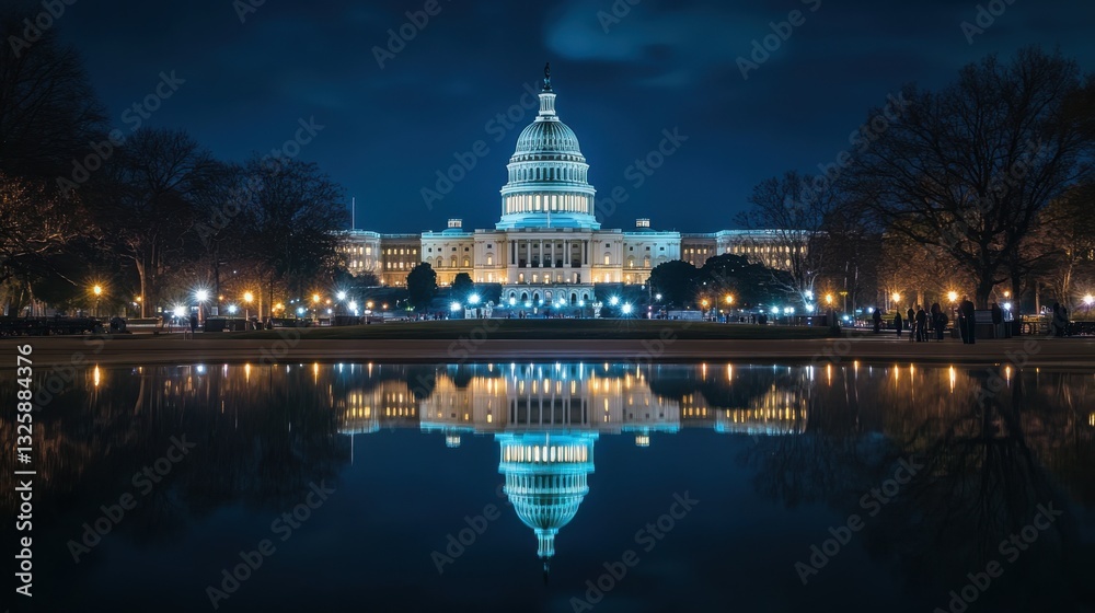 Obraz premium The United States Capitol at night with bright lights reflecting on the water and a dark blue sky in the background.