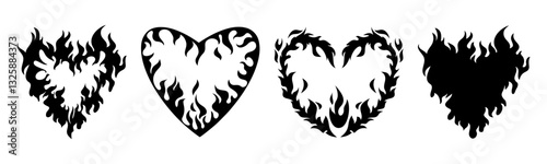 Flame heart silhouettes - burning love symbols, passionate romantic shapes filled with fire patterns. Blazing affection signs, various flaming textures inside amorous tattoo design elements.