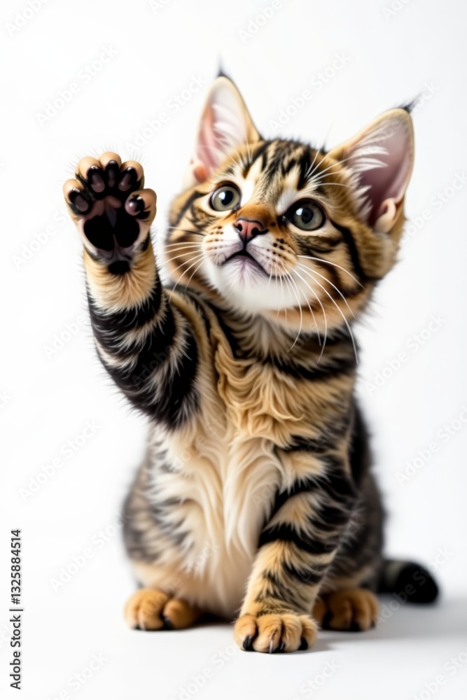 Cute tabby cat raising paw to give high five, white background, feline, cat Cute tabby cat raising paw to give high five, white background, feline, cat