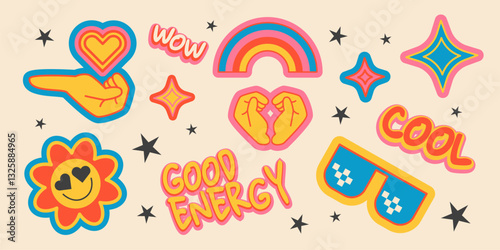 Groovy retro stickers set isolated on background. Vector illustration of flat rainbow, heart, star, hands, smiling flower emoji, y2k patches for trendy vintage poster design, cool energy labels
