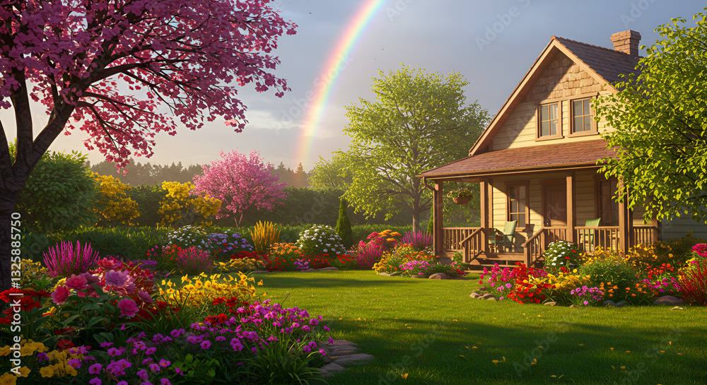 Naklejka premium tranquil countryside garden, blooming with vibrant flowers and framed by a magical rainbow stretching across the sky, with a charming wooden house completing the scene.