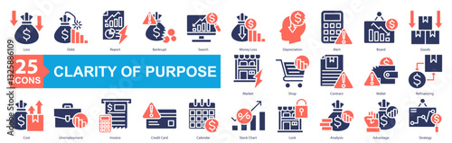 Clarity Of Purpose And Direction Icon Sheet Loss, Debt, Report, Bankrupt, Search, Money Loss, Depreciation, Alert, Board, Goods, Market, Shop, Contract, Wallet, Refinancing, Cost, Unemployment