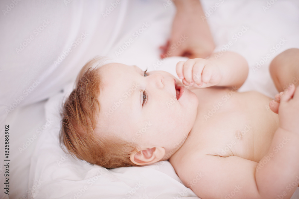 Baby, parent and playing with hands in home, love and learning motor skills in bedroom for growth. Development, infant daughter and security in relationship, nursery bed and support with new skill Baby, parent and playing with hands in home, love and learning motor skills in bedroom for growth. Development, infant daughter and security in relationship, nursery bed and support with new skill