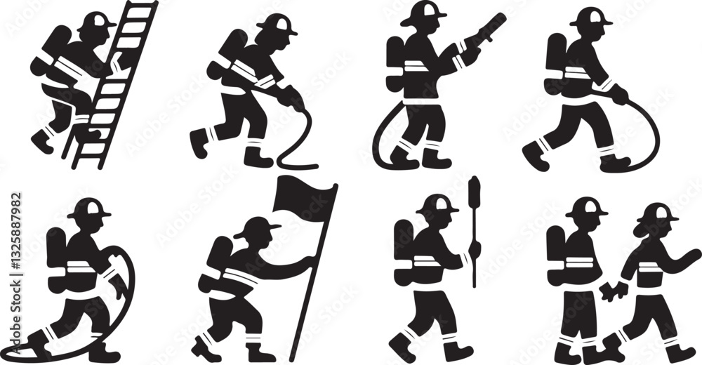 set of Various action fire fighter silhouettes set of Various action fire fighter silhouettes