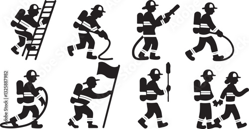 set of Various action fire fighter  silhouettes
