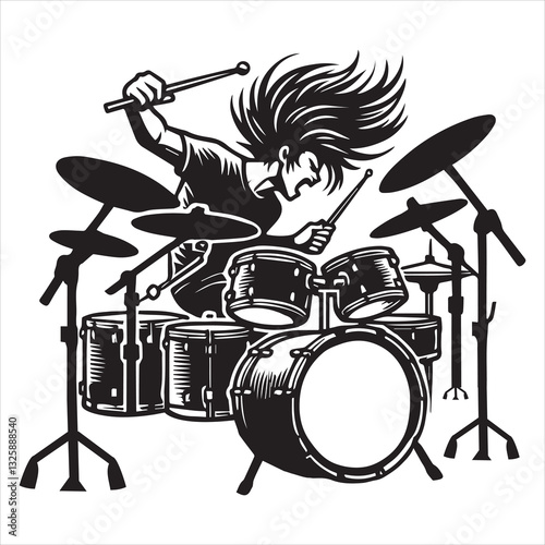Rock Musician Vector Illustration Featuring Drummer with Drums Silhouette
