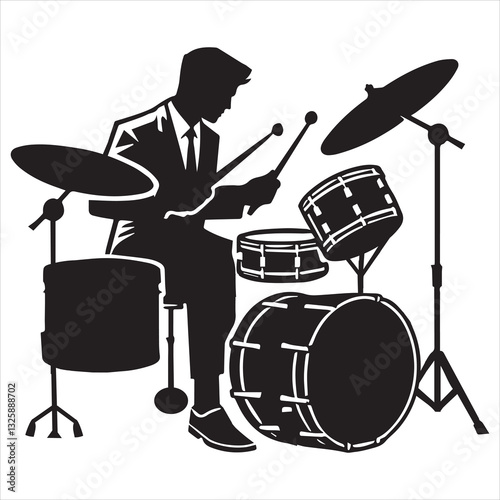 Rock Musician Vector Illustration Featuring Drummer with Drums Silhouette
